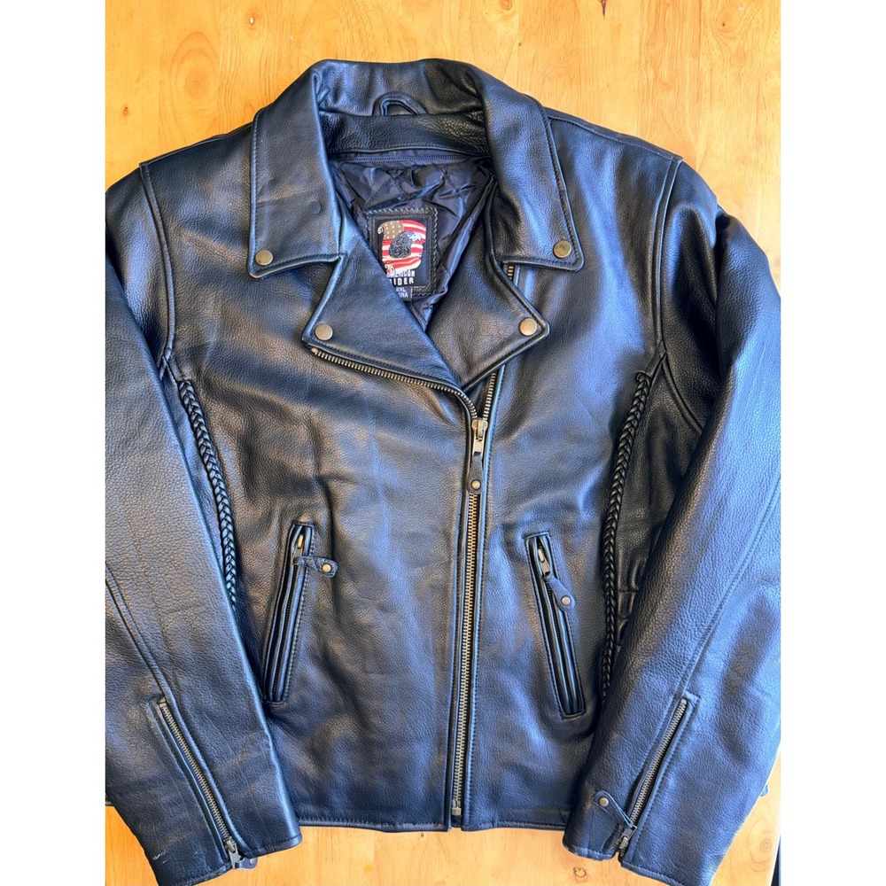 American Rider Womens 2XL Black Leather Motorcycle Jacket Braided Trim Biker